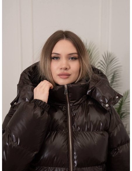 Женская весенняя куртка SELIN Brown демисезонная, эко-пух, глянец FULLDULL, отстёгивающийся капюшон, XS–L