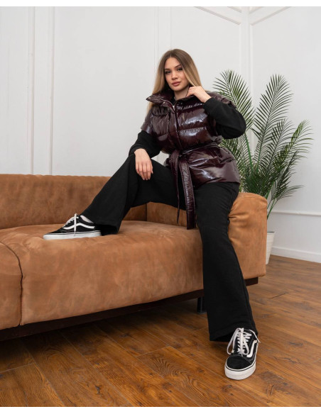 Женский удлиненный жилет Джерси Moncler лак с поясом на эко пуху, размеры XS–L