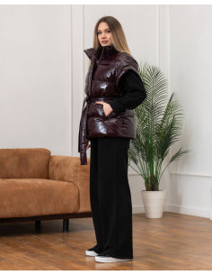 Женский удлиненный жилет Джерси Moncler лак с поясом на эко пуху, размеры XS–L