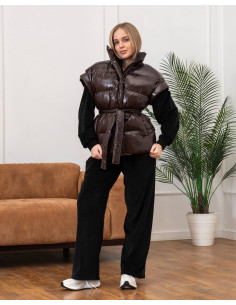 Женский удлиненный жилет Джерси Moncler Brown лак с поясом на эко пуху, размеры XS–L 2