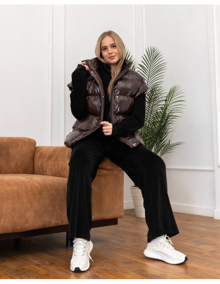 Женский удлиненный жилет Джерси Moncler Brown лак с поясом на эко пуху, размеры XS–L