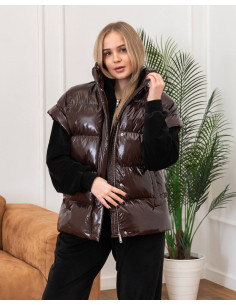 Женский удлиненный жилет Джерси Moncler Brown лак с поясом на эко пуху, размеры XS–L