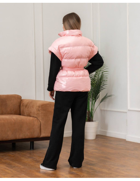 Женский удлиненный жилет Джерси Moncler Rouse лак с поясом на эко пуху, размеры XS–L