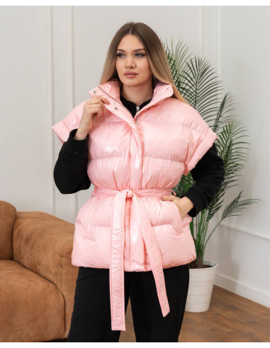 Женский удлиненный жилет Джерси Moncler Rouse лак с поясом на эко пуху, размеры XS–L